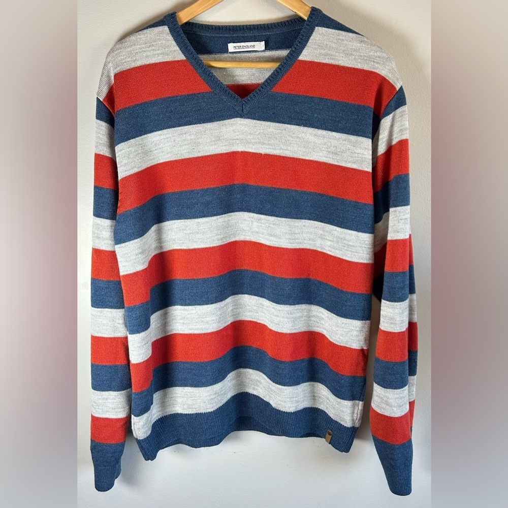 Peter England Men's XL Sweater Orange Blue Striped Pullover Long Sleeve V-Neck